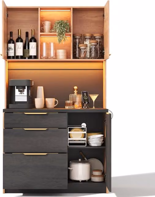 Colonna cucina moderna effetto cemento 100 x 40 x 180 cm con piano nero e LED
