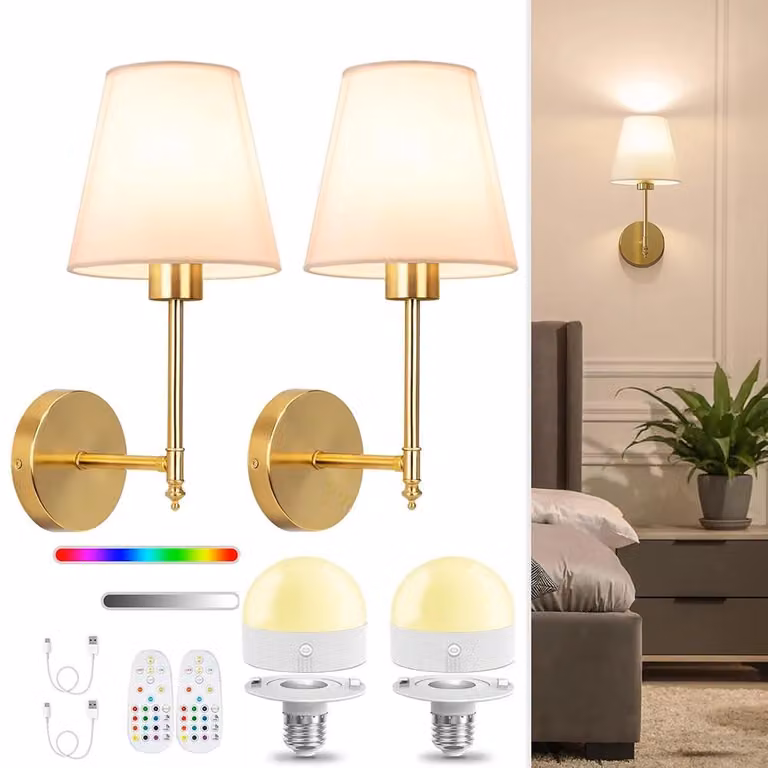 Illuminazione a parete - Lampade da parete - Set da 2 - Alimentazione a energia solare - LED - Dimmerabile - Con telecomando - Colore oro