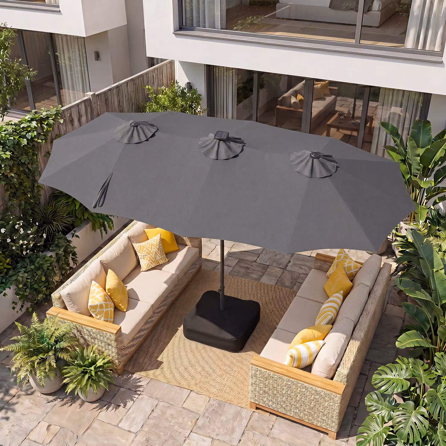 Ombrellone da giardino doppio Costway con luci LED solari, 12 modalità, 3 prese d'aria e manovella, Grigio