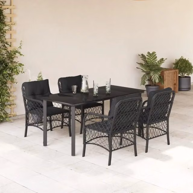 Set da Pranzo da Giardino 5 pz Nero con Cuscini in Polyrattan 3212106
