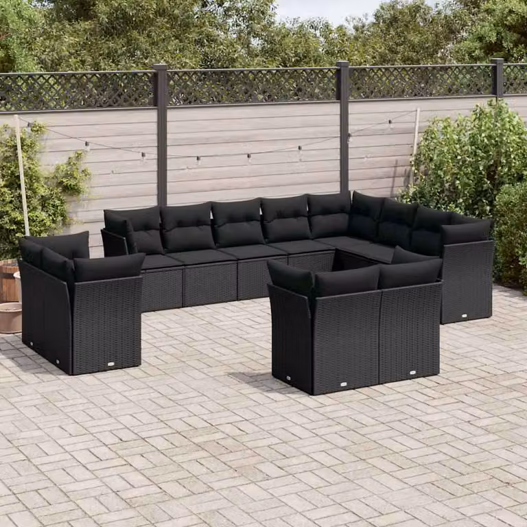 vidaXL Set Divani da Giardino a Forma di U con Cuscini, Struttura in Metallo e Polyrattan, Nero
