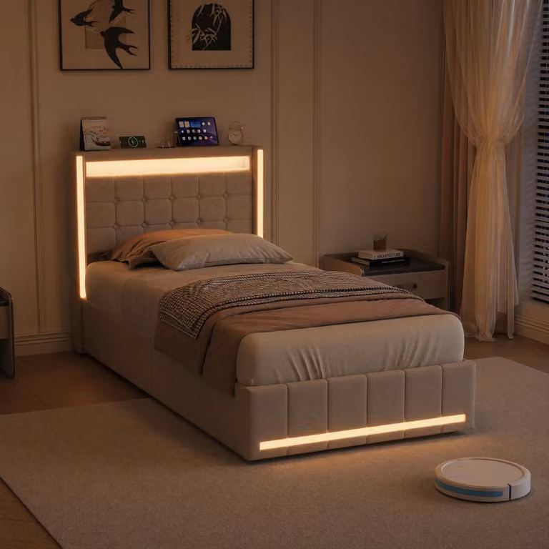 Letto singolo UnboxG, 90x200 cm, con spazio contenitore, cassone sotto il letto con sistema idraulico, illuminazione LED, prese USB e Type-C, e rete a doghe. Colore: lino, beige
