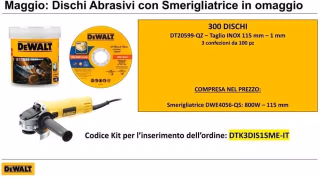 Smerigliatrice DeWalt da 800W gialla con 300 dischi da 115mm in omaggio