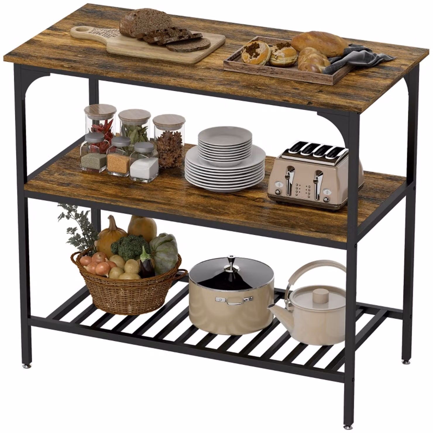 Scaffale da panetteria, scaffale da cucina a 3 ripiani con struttura in acciaio, marrone rustico + nero, effetto legno