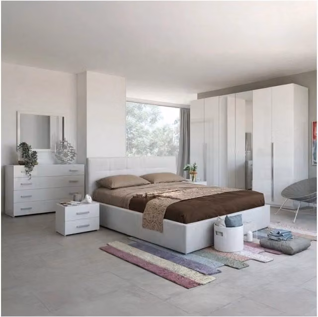 Completa camera da letto moderna Nerano in bianco laccato con armadio, letto con base contenitore, comodini, cassettiera e specchio