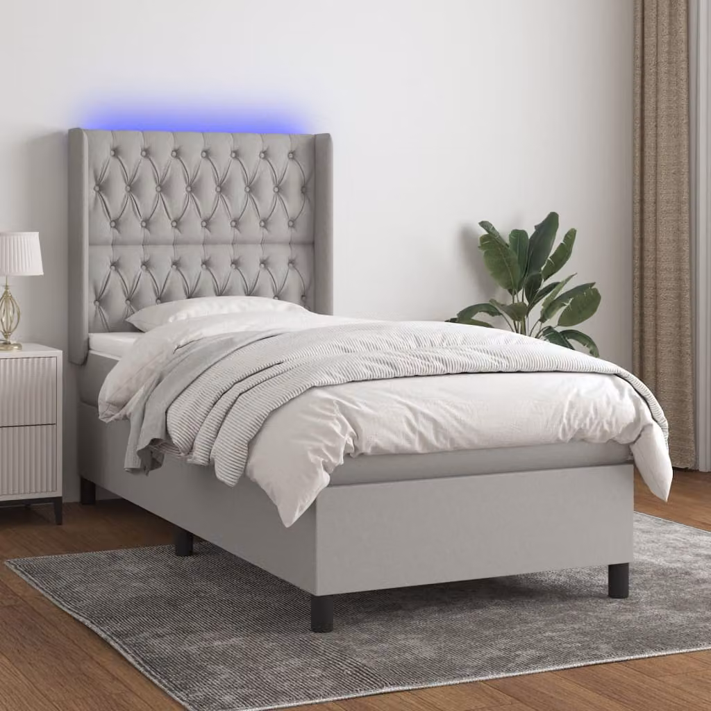 Letto a molle con materasso e illuminazione LED vidaXL in tessuto grigio chiaro, L 80 x P 200 cm – 1