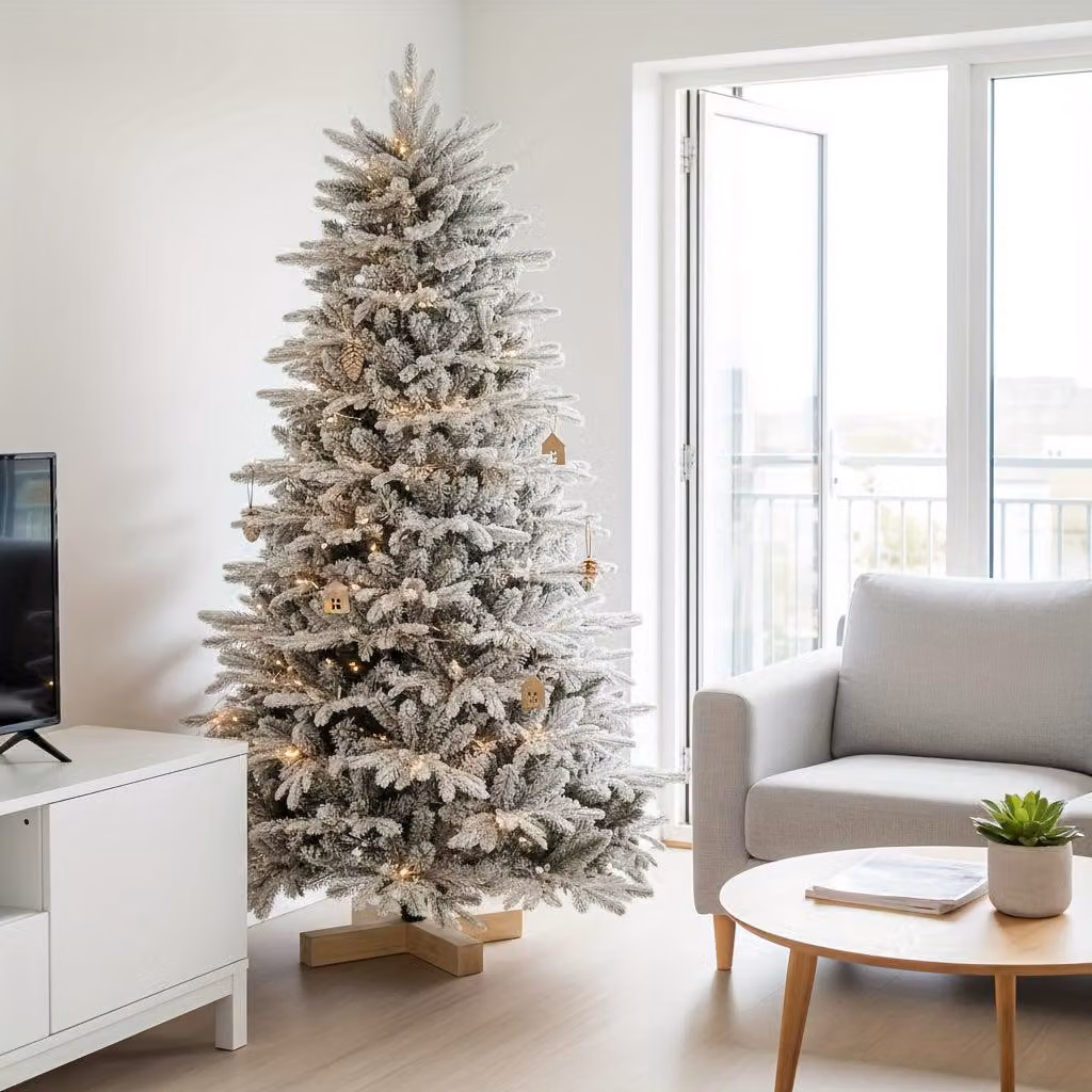 Albero di Natale artificiale con effetto neve - Albero di abete decorativo, completo di base in legno e guanti