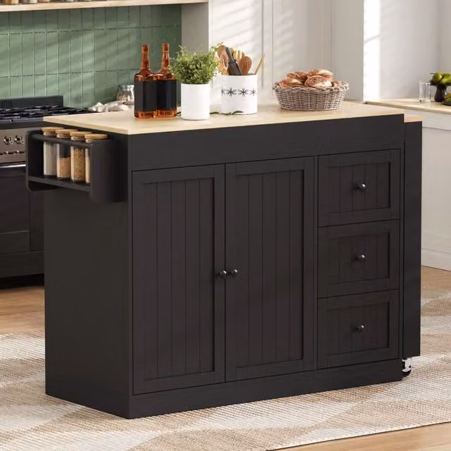 Carrello da cucina con piano estraibile, 3 cassetti, ripiani regolabili e portaspezie per cucina e pranzo, in MDF e PB, nero