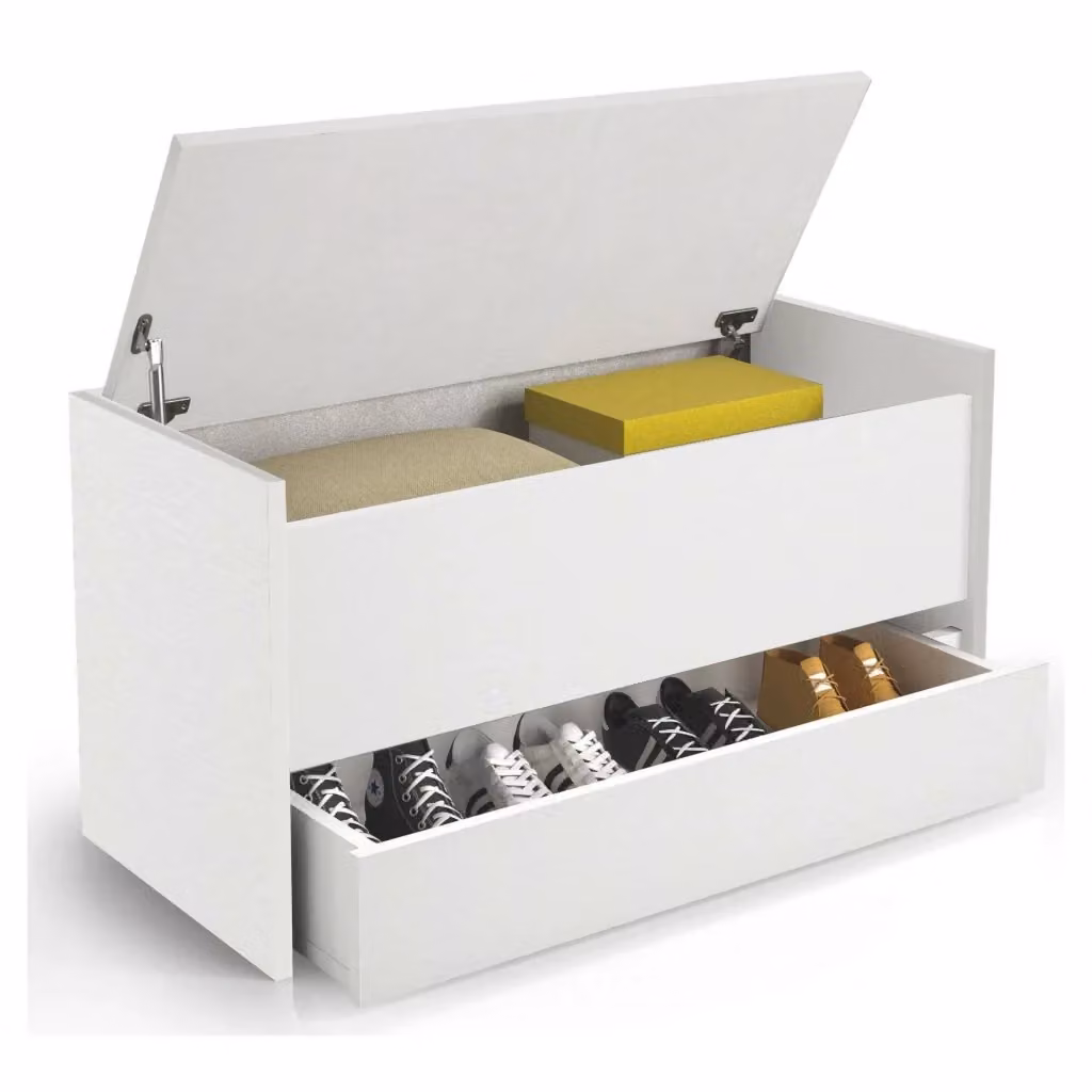 Cassapanca Sogno DMORA, Mobile da ingresso moderno con scarpiera e due contenitori, Bianco, L: 90 cm, P: 40 cm, H: 46 cm – 2