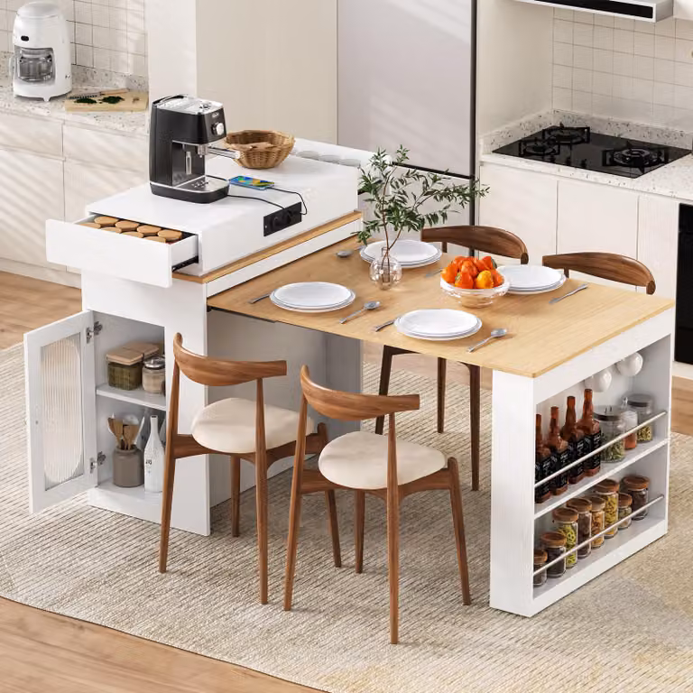 Tavolo allungabile con rotelle, piano pieghevole, tavolo da bar con prese elettriche e ganci, tavolo da cucina per cucina e sala da pranzo, bianco