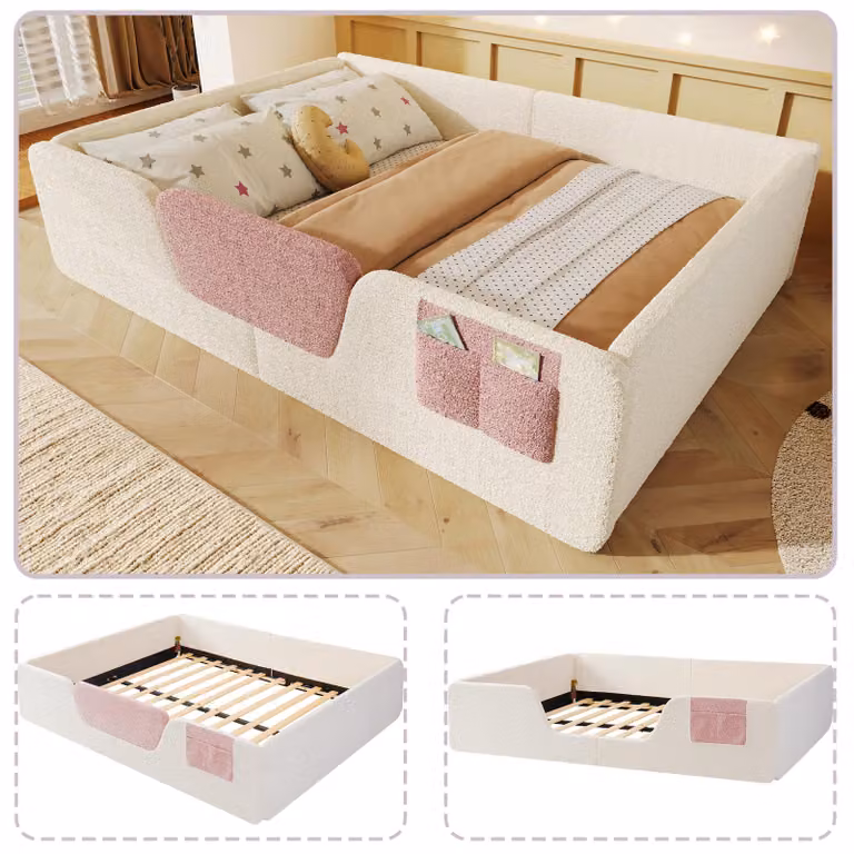 Letto imbottito 140 x 190 cm con sponde laterali imbottite removibili, rivestito in velluto, con tasca in tessuto, capacità fino a 220 kg, colore beige, senza materasso
