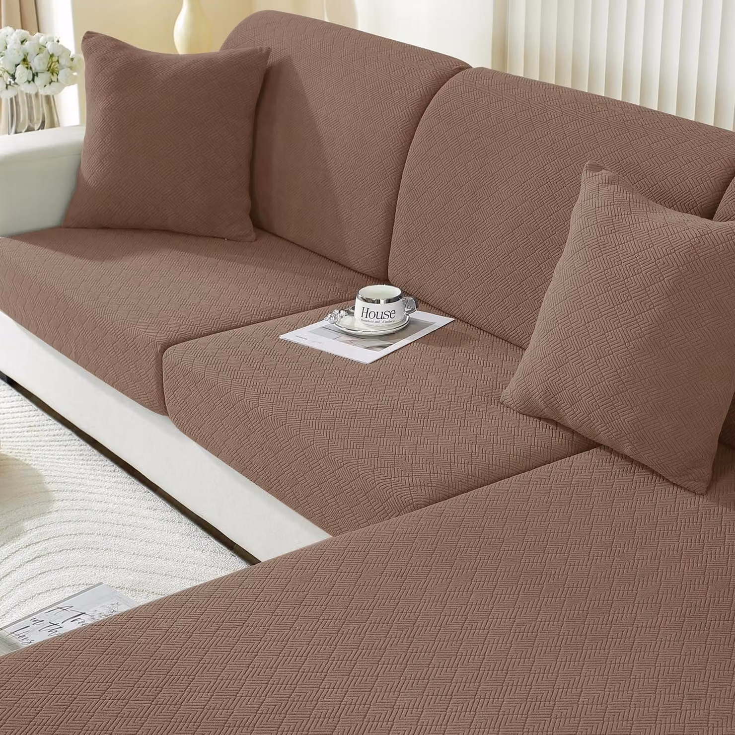 Copertura per cuscino da seduta, elasticizzata, antiscivolo, universale, lavabile, color marrone, adatta per 1 posto e divano a due posti con chaise longue