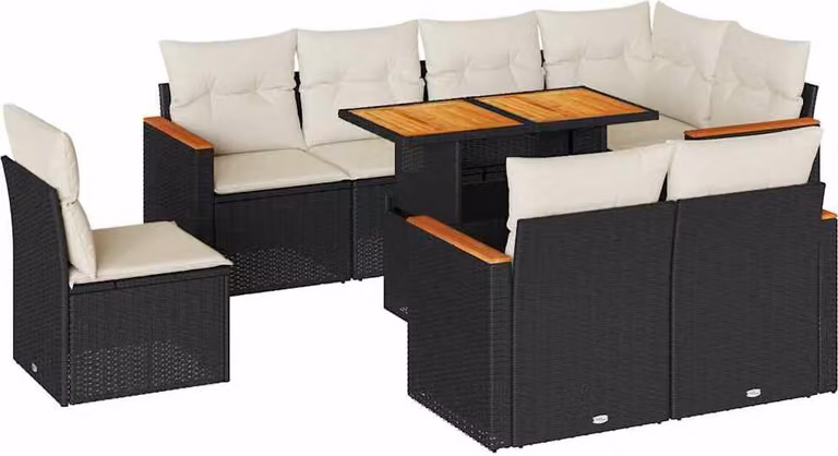 Set Divani da Giardino 9 pz con Cuscini Nero Polyrattan Acacia