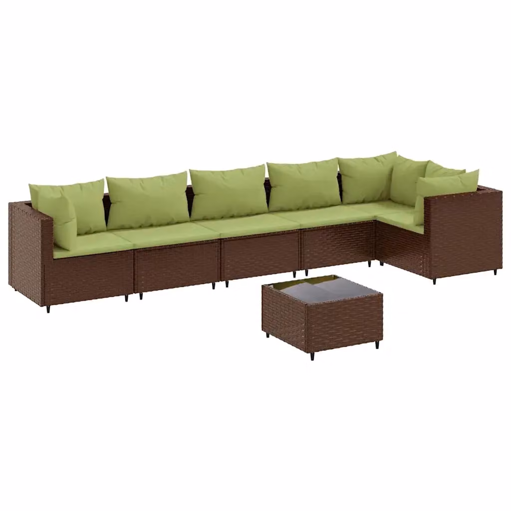 vidaXL Set Divani da Giardino 7 pz a Forma a L con Tavolino in Vetro e Cuscini Marroni e Verdi – 2