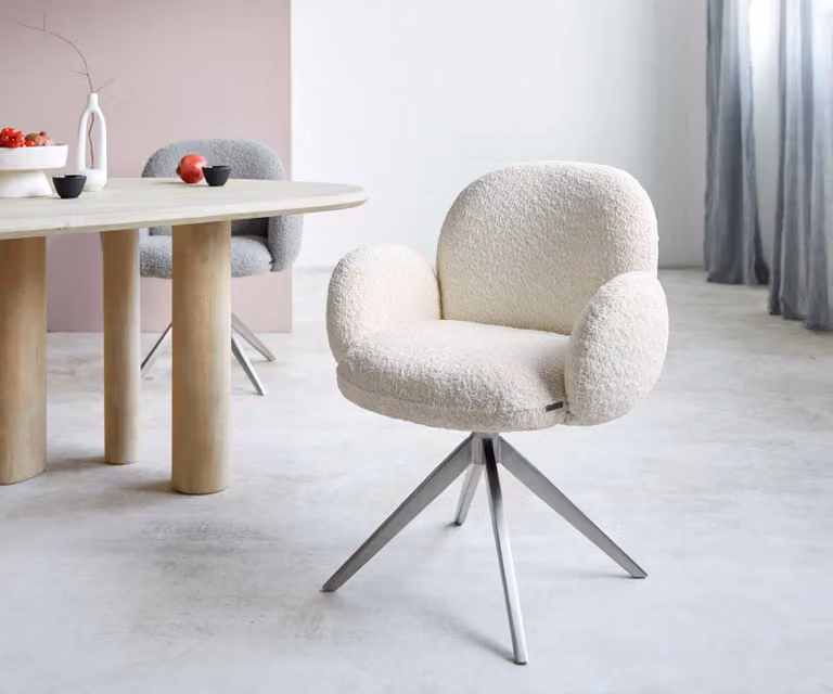 DELIFE Sedia girevole Nube-Flex con braccioli Bouclé Bianco Base a croce larga in acciaio inox Girevole a 360° Molle insacchettate