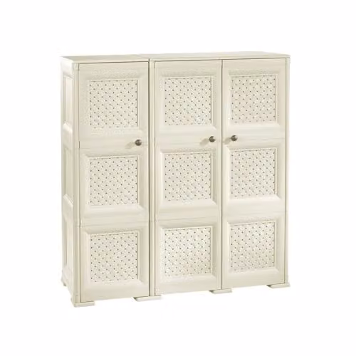 MA MAISON Armadio in Plastica 118 x 43 x 125 cm con 3 Ante Traforate e Puntali – Mobile Salvaspazio Decorativo per Zona Living e Ingresso (Angora)