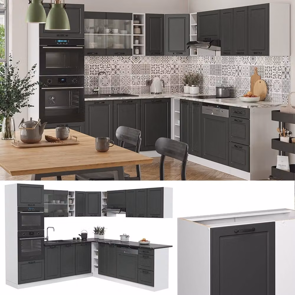 Cucina angolare completa R-Line Vicco in stile rustico, colore Antracite e Bianco, L/P/H: 247 x 237 x 60 cm – 2