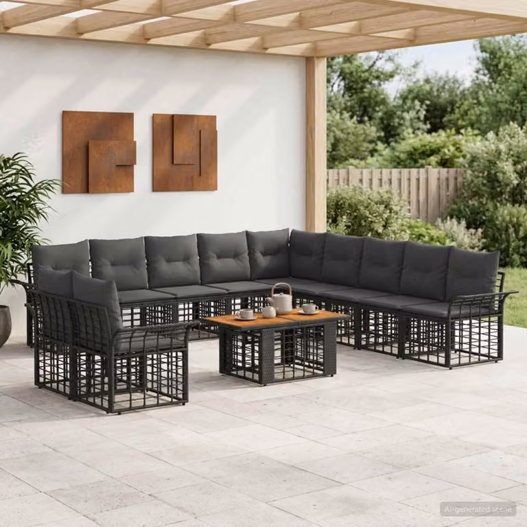 Set Divano da Giardino a L vidaXL in Polyrattan con Tavolino e Cuscini, Nero e Grigio