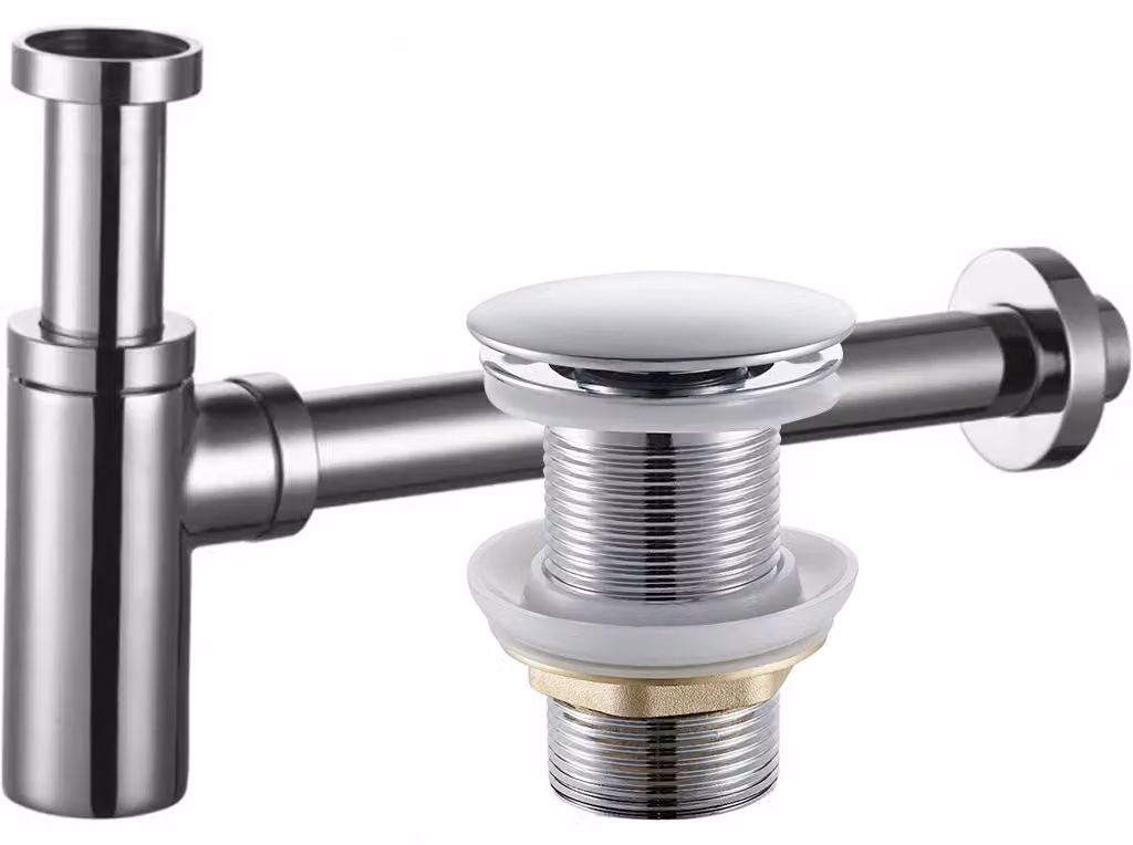 Sifone per lavabo, in ottone, DN32 mm, con tappo a click-clack, senza troppofilo, finitura cromata