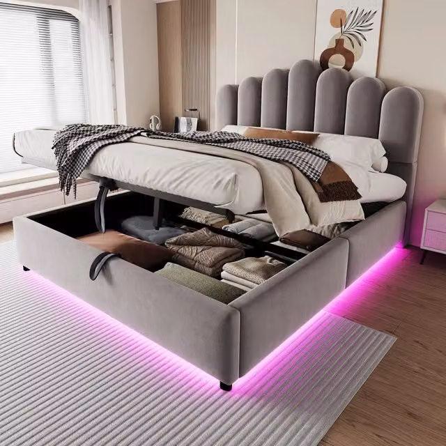 Letto imbottito contenitore 140x200 ¨C Minimal ¨C grigio velluto con led rete a doghe idraulico
