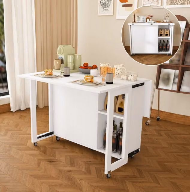 Tavolo pieghevole multifunzione bianco con ruote bloccabili a 360°, con ampio spazio di stoccaggio, ideale come tavolo da pranzo, sideboard o tavolino