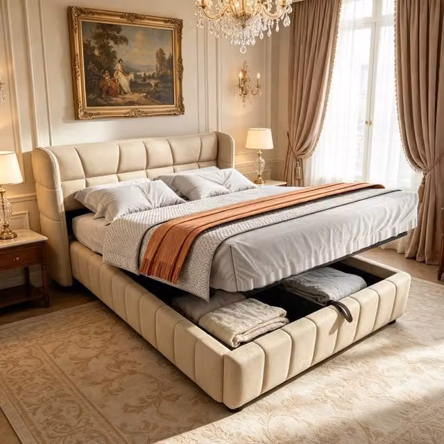 Letto contenitore imbottito 140x200 cm con apertura assistita, rete a doghe e testiera avvolgente, beige