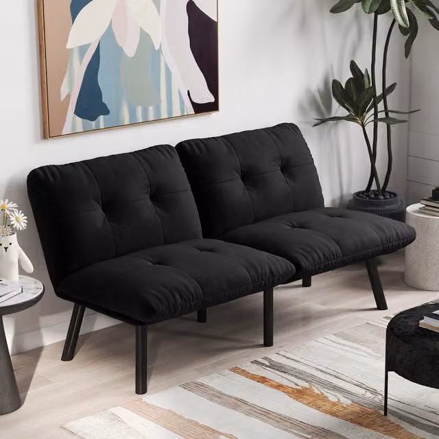 Divano letto futon pieghevole OKWISH a 2 posti in velluto nero con struttura in metallo L: 87.0 cm, P: 58.0 cm, H: 25.0 cm