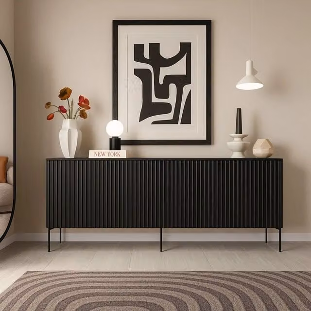 Credenza Laion DMORA, Madia da salotto moderna con quattro ante battenti, Nero opaco, L 190 cm x P 40 cm x H 80 cm