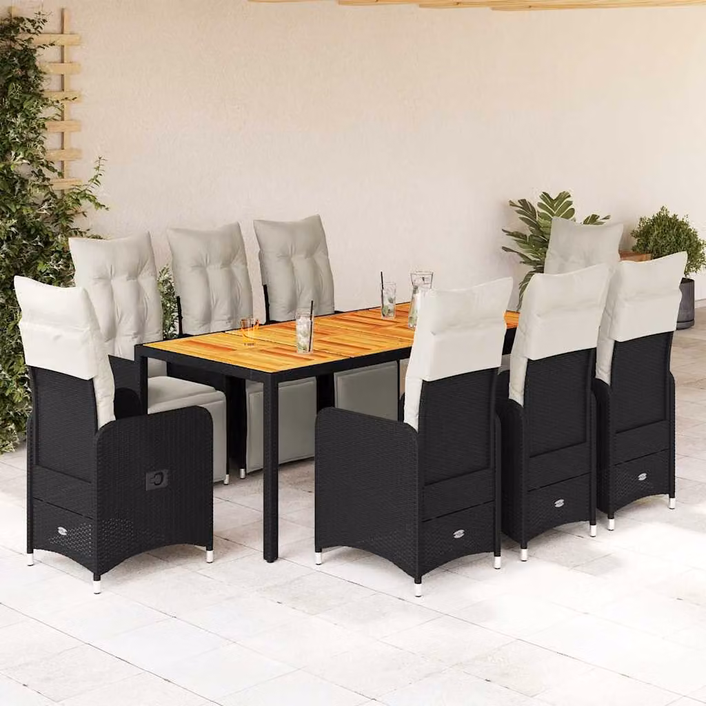 Set Bistrò da Giardino vidaXL 9 pz in Polyrattan e Legno di Acacia Nero e Bianco – 1