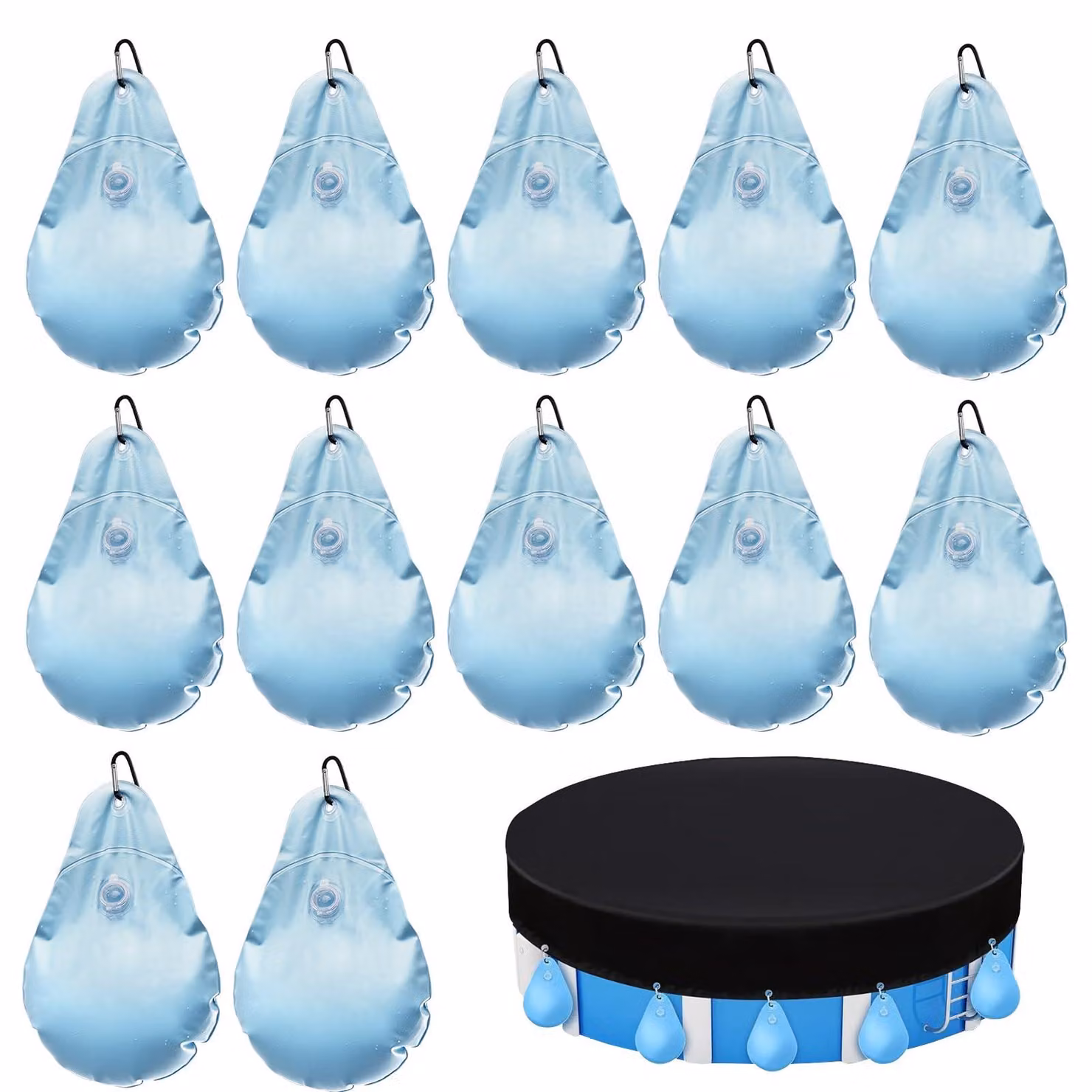 12 pesi per coperture di piscine, con sacchetti d'acqua e ganci