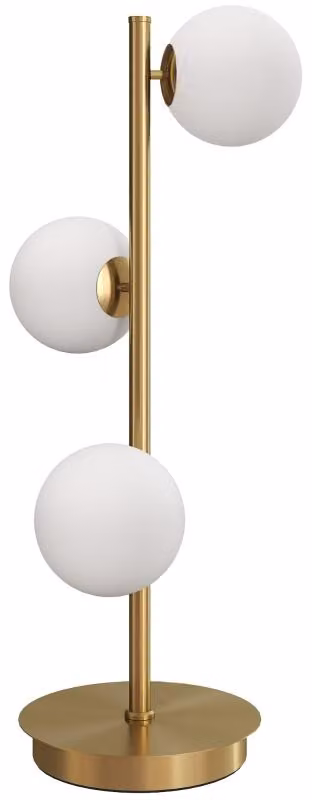 Lampada da tavolo Moonbite con 3 paralumi sferici, finitura in ottone, base in acciaio pesante, 3 attacchi G9 per lampadine fino a 25 W ciascuna, cavo di alimentazione da 1,5 m, plastica, finitura effetto ottone anticato