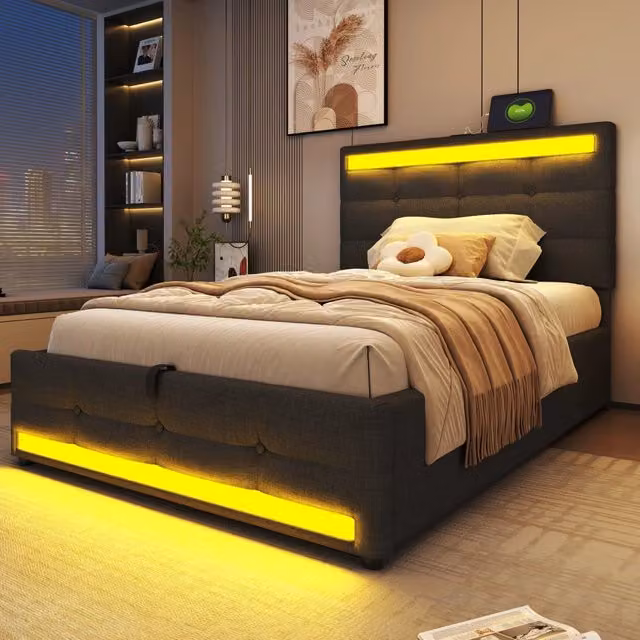 Letto imbottito 90x200 con contenitore idraulico; LED RGB; USB e testiera regolabile; grigio