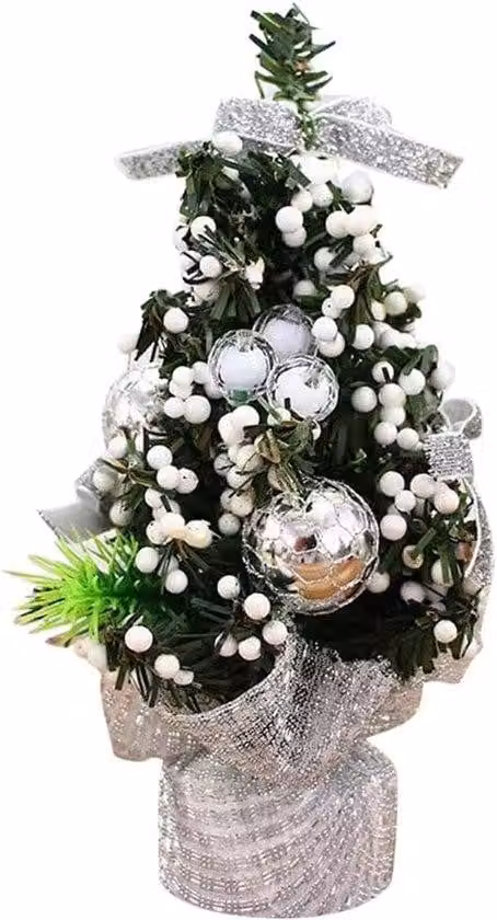 Mini albero di Natale da 20 cm con palline colorate e decorazioni floreali argentate