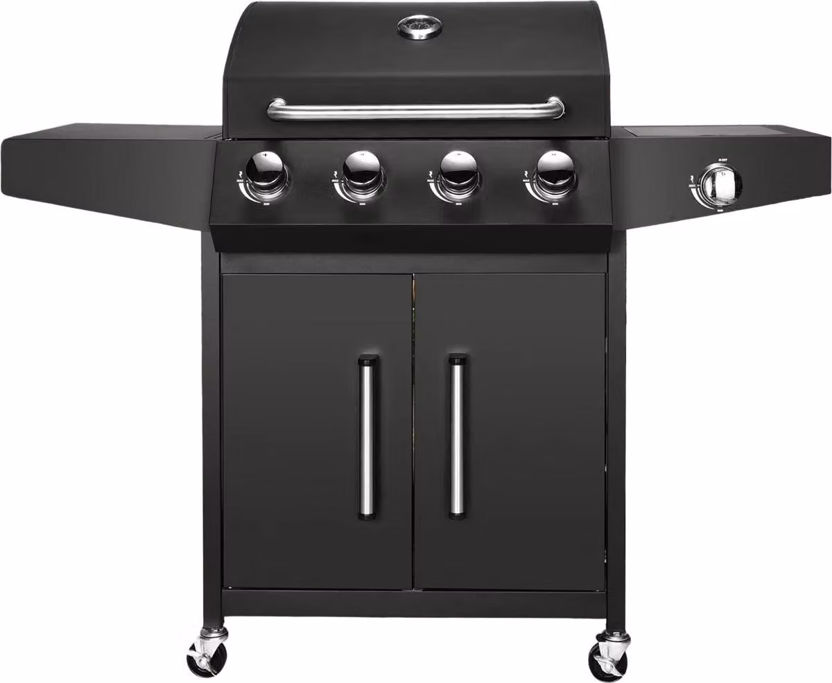 Barbecue a gas BBQ 5 in 1 – Nero – 4+1 bruciatori incl. bruciatore laterale – Termometro e vaschetta raccogli olio – Griglia in acciaio inox per giardino, terrazza e balcone
