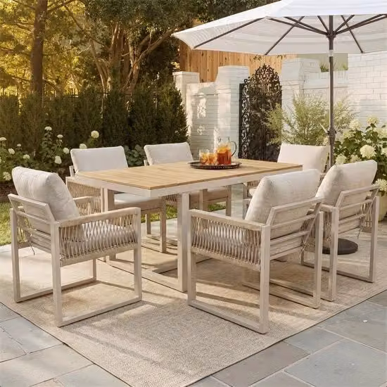 Set da giardino Funis Tessili con tavolo rettangolare e 6 sedie in alluminio color beige con cuscini impermeabili