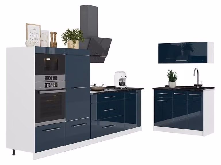 Cucina Vicco Fame-Line Blu scuro lucido/Bianco 380 cm, PL Marmo, Model 64135