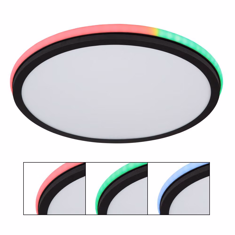 Globo Lighting plafoniera metallo nero opaco, bianco, acrilico opale, dimmerabile, diversi livelli tramite interruttore a parete, colori fissi, cambiacolori RGB, colori RGB fissi, effetto arcobaleno RGB, funzione memoria, telecomando, batteria inclusa 2x