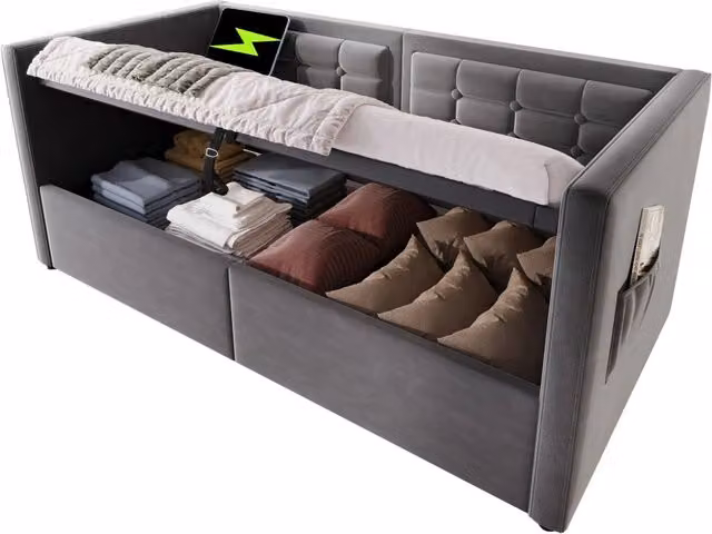 Divano letto imbottito 90x200 cm velluto grigio con contenitore idraulico， senza materasso