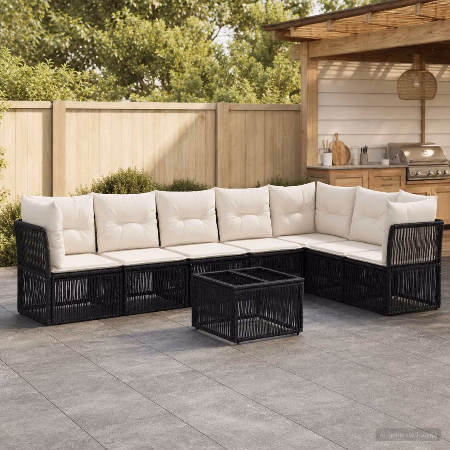 Set Divano da Giardino a L vidaXL 8 pz Nero con Tavolino e Cuscini in Polyrattan e Acciaio