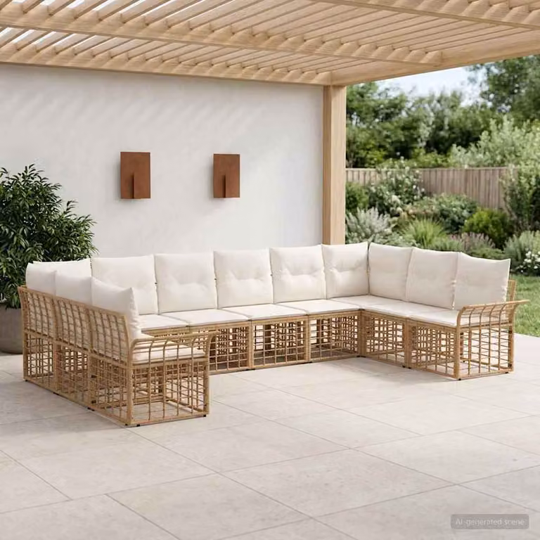 vidaXL Set di divani da esterno a forma di U composto da 10 pezzi, Colore Beige, Bianco e Marrone, con struttura in metallo e cuscini inclusi
