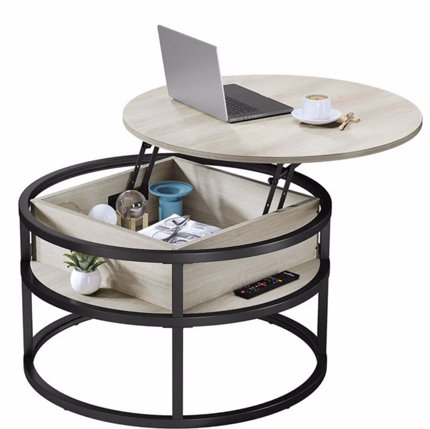 Tavolino da salotto rotondo - Tavolino in legno con piano ribaltabile - vano portaoggetti nascosto - design rustico moderno, dimensioni contenute - colore: bianco e noce
