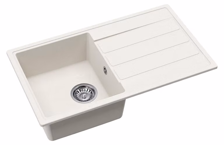 Lavello da cucina in granito, modello monovasca con piano di appoggio, dimensioni 76x44 cm, colore bianco