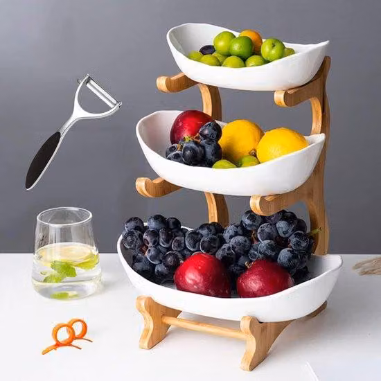 Alzata in Vetroceramica a 3 piani con base in legno e decorazioni in bambù - Collezione in porcellana per frutta e verdura - Vassoio da dessert per torte e dolci - Alzatina da tavola per matrimoni e feste