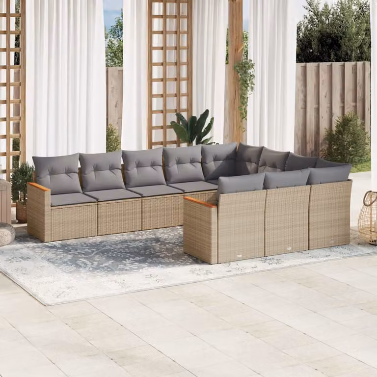 vidaXL Set Divano da Giardino 10 pz in Polyrattan con Cuscini Beige e Grigio e Struttura in Acciaio Verniciato a Polvere