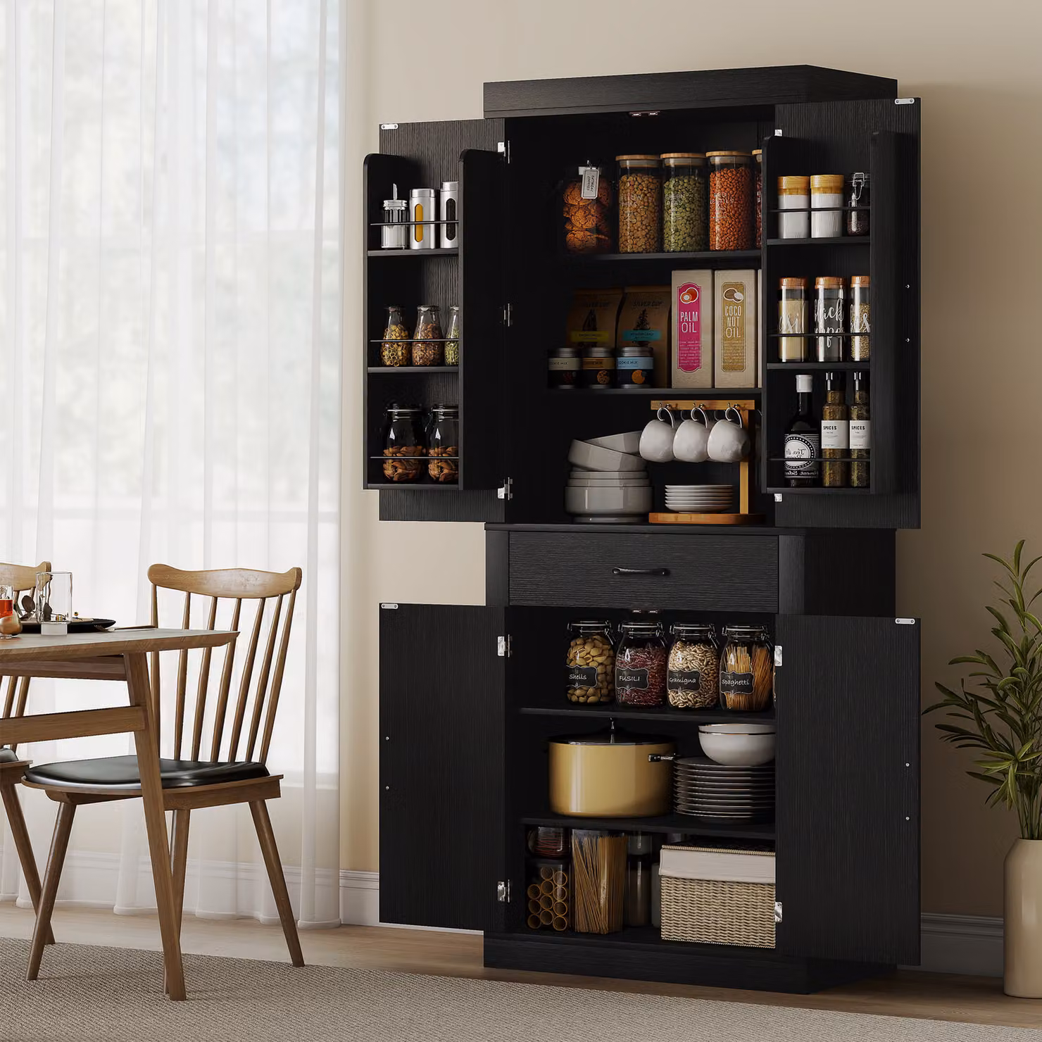 Dispensa da cucina HOMCOM in stile country con 2 armadietti, 6 ripiani e cassetto, in legno, Nero, L: 76 cm, P: 39.5 cm, H: 183.5 cm – 2