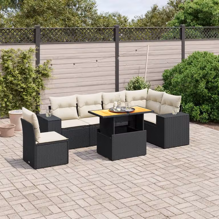 Set Divani da Giardino a L vidaXL in Polyrattan Nero con 7 Cuscini e Tavolino da Esterno