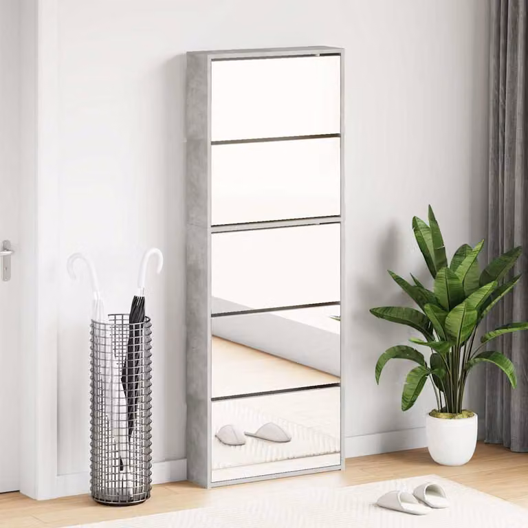 Scarpiera con specchio vidaXL moderna in legno e vetro, colore grigio, L: 63 cm, P: 17 cm, H: 169,5 cm