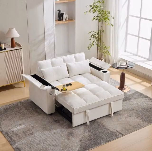 Divano letto 2 posti pieghevole 140;5x74x82 cm in tessuto beige con schienale regolabile e USB