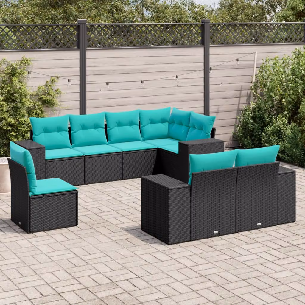 Set di divani da giardino vidaXL a forma di L composto da 8 pezzi con cuscini, struttura in metallo e rattan nero e cuscini blu o turchesi con rivestimenti rimovibili e resistenti ai raggi UV