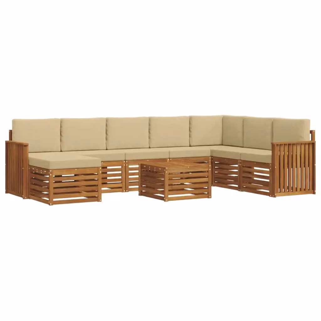 Set di divani da esterno vidaXL in legno di acacia con tavolino e pouf, 9 pezzi, Beige e Marrone – 2